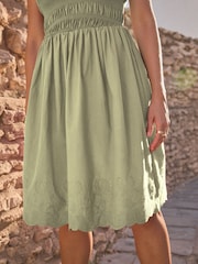 Khaki Green 100% Cotton Bandeau Jersey Embroidered Hem Summer Dress - Image 5 of 7