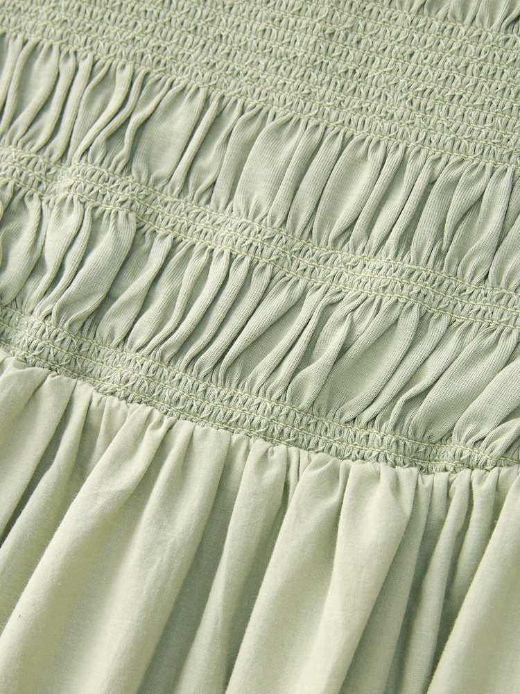Khaki Green 100% Cotton Bandeau Jersey Embroidered Hem Summer Dress - Image 7 of 7