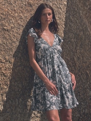 Navy Blue/White Feminine Frill Mini Summer Dress - Image 1 of 7