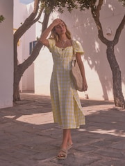 Yellow/White Gingham Puff Sleeve 100% Cotton Midi Dress - Image 1 of 8