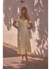 Yellow/White Gingham Puff Sleeve 100% Cotton Midi Dress - Image 2 of 8