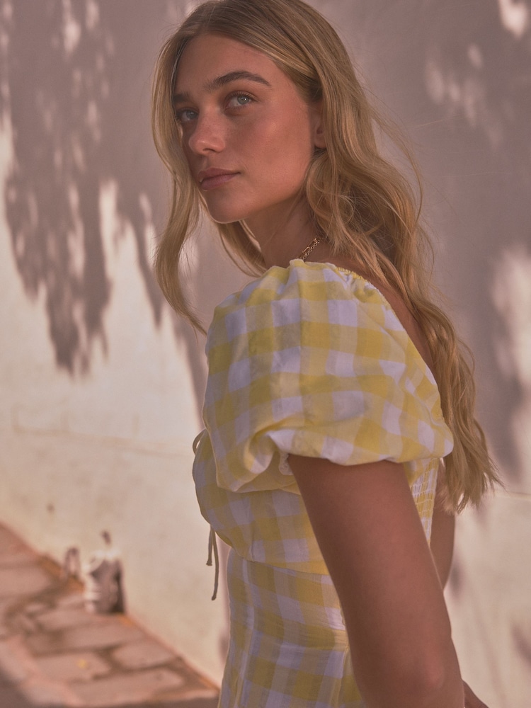 Yellow/White Gingham Puff Sleeve 100% Cotton Midi Dress - Image 4 of 8