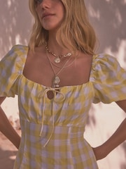 Yellow/White Gingham Puff Sleeve 100% Cotton Midi Dress - Image 5 of 8