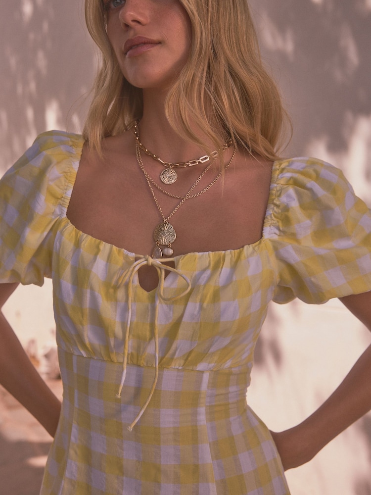 Yellow/White Gingham Puff Sleeve 100% Cotton Midi Dress - Image 5 of 8