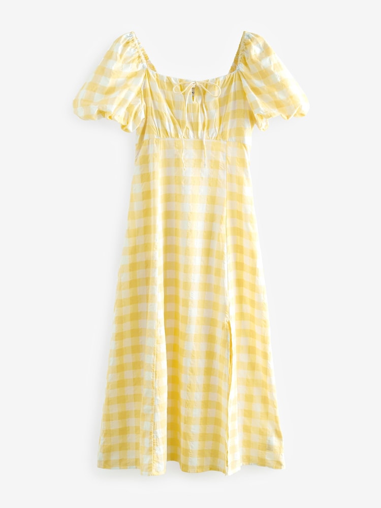 Yellow/White Gingham Puff Sleeve 100% Cotton Midi Dress - Image 7 of 8