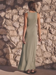 Khaki Green Tieside Sleeveless Jersey Maxi Dress - Image 3 of 6