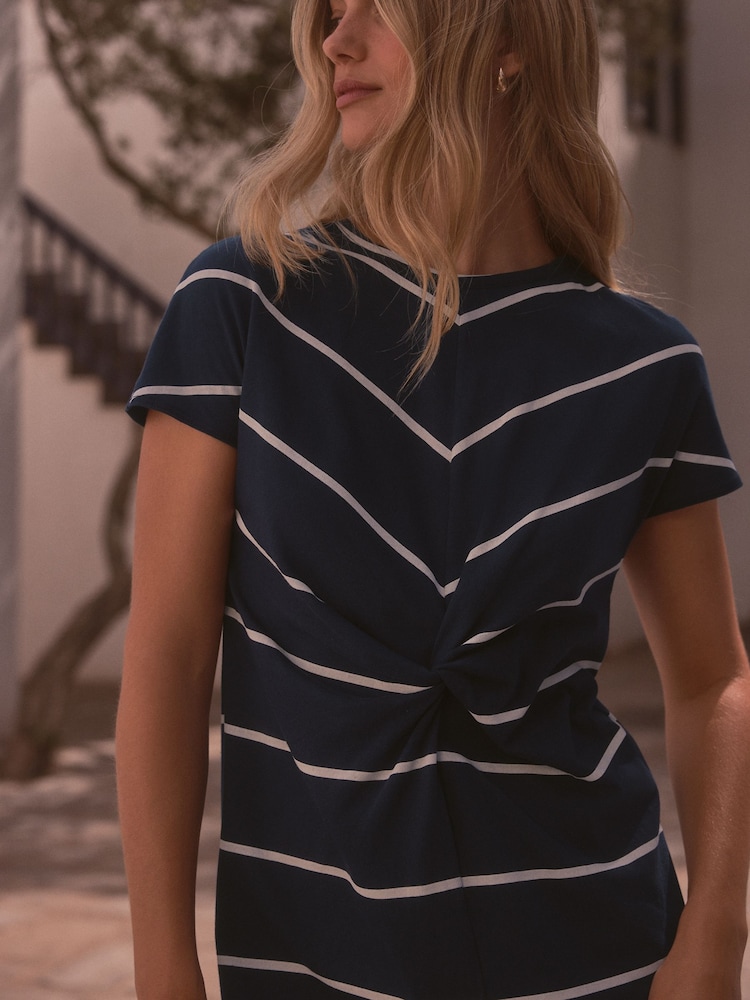 Navy Blue/White Stripe Twist Short Sleeved T-Shirt Summer Dress - Image 4 of 6