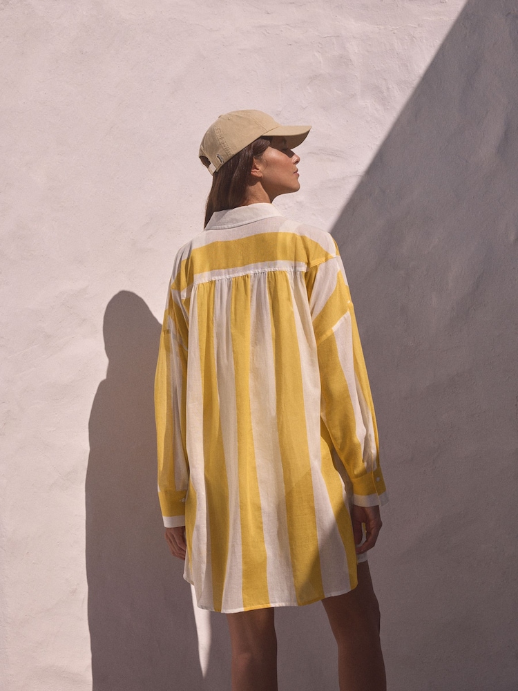 Yellow/White Stripe 100% Cotton Beach Shirt Cover-Up - Image 3 of 7