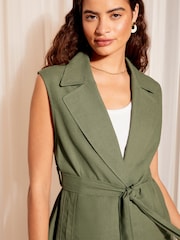 Friends Like These Khaki Green Khaki Green Sleeveless Tie Waist Blazer Co Ord with Linen - Image 1 of 4