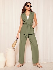 Friends Like These Khaki Green Khaki Green Sleeveless Tie Waist Blazer Co Ord with Linen - Image 2 of 4