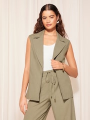 Friends Like These Khaki Green Khaki Green Sleeveless Tie Waist Blazer Co Ord with Linen - Image 3 of 4