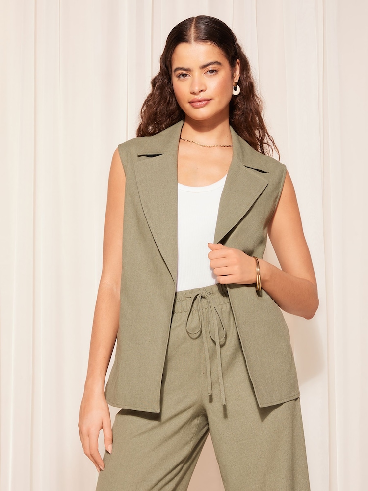 Friends Like These Khaki Green Khaki Green Sleeveless Tie Waist Blazer Co Ord with Linen - Image 3 of 4