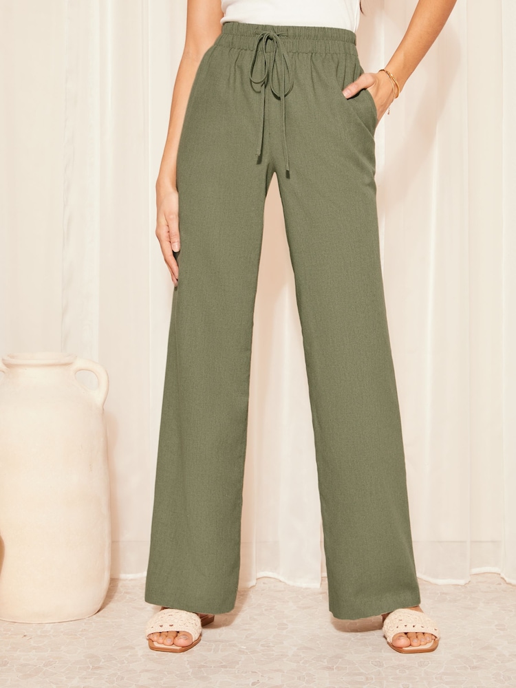 Friends Like These Khaki Green Khaki Green Wide Leg Trousers Co Ord with Linen - Image 1 of 4