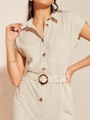 Friends Like These Cream Tall Short Sleeve Button Through Tailored Jumpsuit with Linen - Image 2 of 4