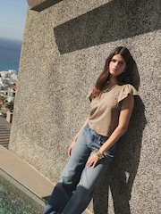 Washed Brown Crochet Trim Short Sleeve Washed T-Shirt - Image 2 of 8