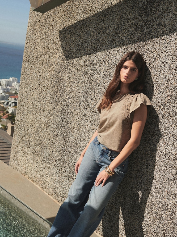 Washed Brown Crochet Trim Short Sleeve Washed T-Shirt - Image 2 of 8