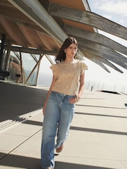 Washed Brown Crochet Trim Short Sleeve Washed T-Shirt - Image 4 of 8