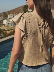 Washed Brown Crochet Trim Short Sleeve Washed T-Shirt - Image 5 of 8