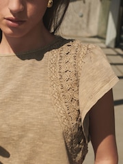 Washed Brown Crochet Trim Short Sleeve Washed T-Shirt - Image 6 of 8
