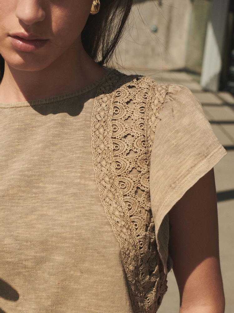 Washed Brown Crochet Trim Short Sleeve Washed T-Shirt - Image 6 of 8