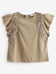 Washed Brown Crochet Trim Short Sleeve Washed T-Shirt - Image 7 of 8