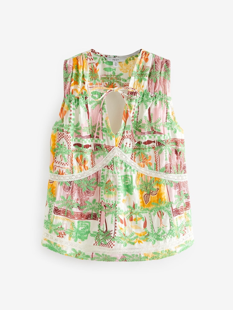 Pink Postcard Print Broderie Sleeveless Tie Top - Image 5 of 6