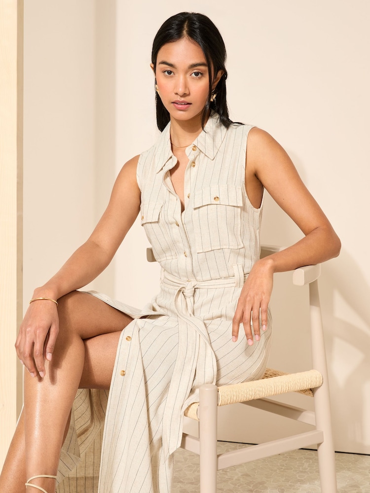 Friends Like These Nude Stripe Sleeveless Utility Dress with Pocket Detail - Image 1 of 4
