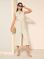 Friends Like These Nude Stripe Sleeveless Utility Dress with Pocket Detail - Image 3 of 4