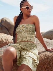 Green Tile Print Shirred Bandeau Top - Image 1 of 6