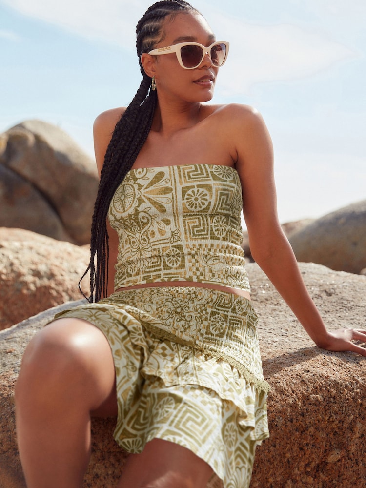 Green Tile Print Shirred Bandeau Top - Image 1 of 6 Green Tile Print Shirred Bandeau Top - Image 1 of 6