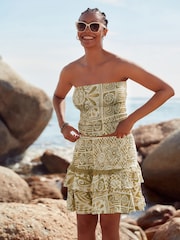 Green Tile Print Shirred Bandeau Top - Image 2 of 6