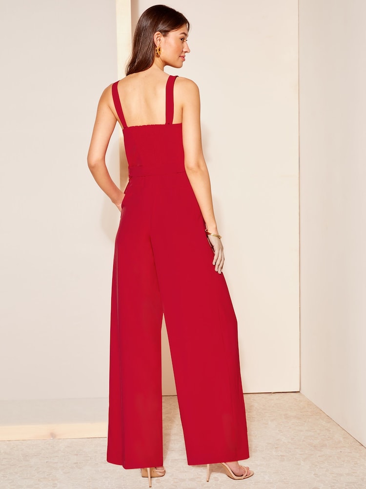 Friends Like These Red Twill Strappy Belted Wide Leg Jumpsuit - Image 4 of 4
