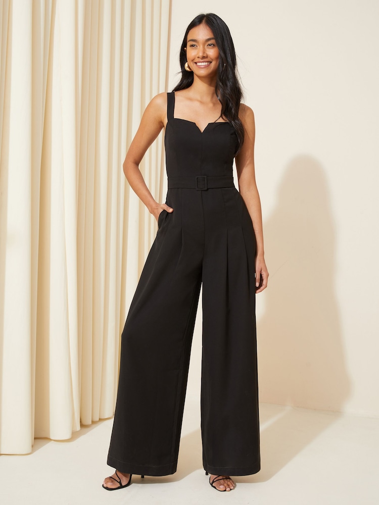 Friends Like These Black Twill Strappy Belted Wide Leg Jumpsuit - Image 1 of 4