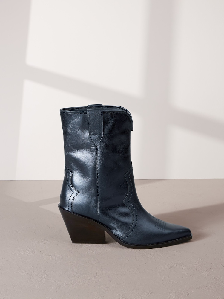Navy Metallic Signature Leather Forever Comfort® Western Cowboy Boots - Image 2 of 6