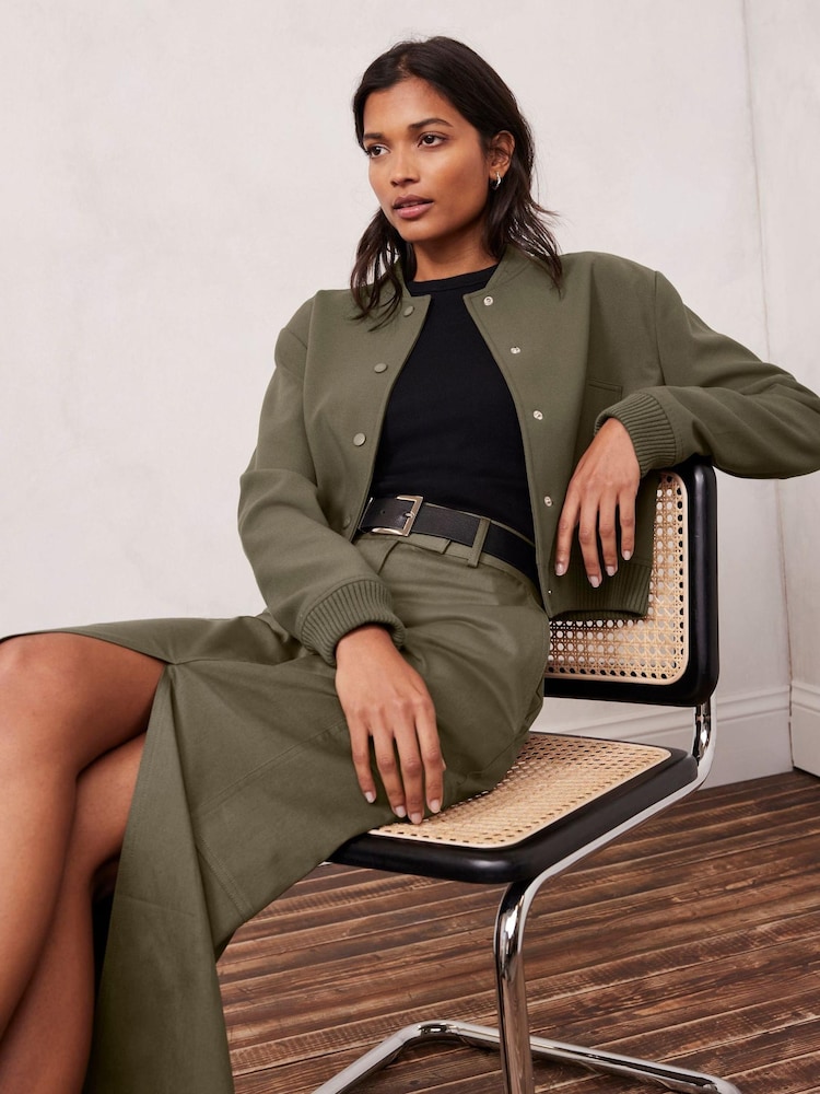 Mint Velvet Green Khaki Cropped Bomber Jacket - Image 1 of 4