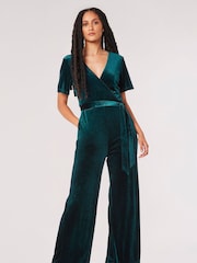Apricot Green Angel Sleeve Velvet Wrap Jumpsuit - Image 1 of 5