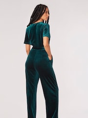Apricot Green Angel Sleeve Velvet Wrap Jumpsuit - Image 2 of 5
