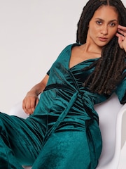 Apricot Green Angel Sleeve Velvet Wrap Jumpsuit - Image 5 of 5