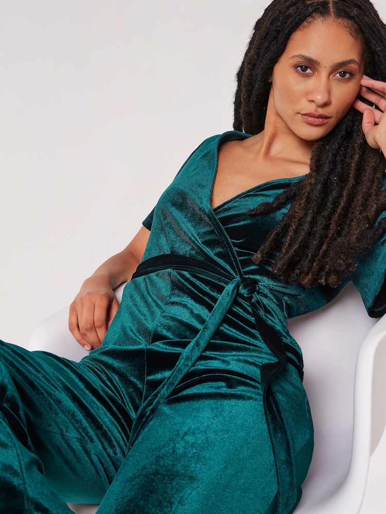 Apricot Green Angel Sleeve Velvet Wrap Jumpsuit - Image 5 of 5