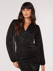 Apricot Black Mottled Long Sleeve Wrap Dress - Image 1 of 5