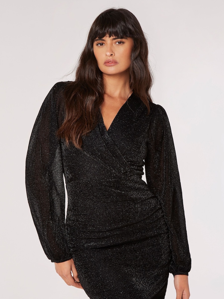 Apricot Black Mottled Long Sleeve Wrap Dress - Image 1 of 5