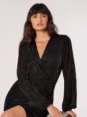 Apricot Black Mottled Long Sleeve Wrap Dress - Image 3 of 5