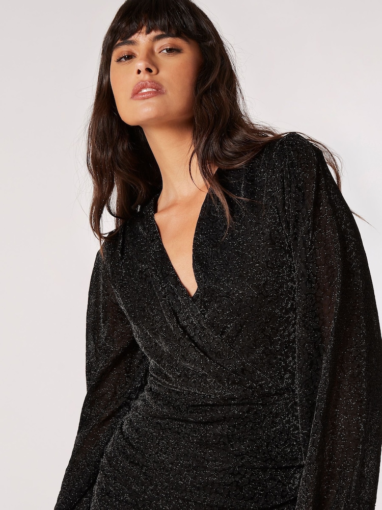 Apricot Black Mottled Long Sleeve Wrap Dress - Image 5 of 5