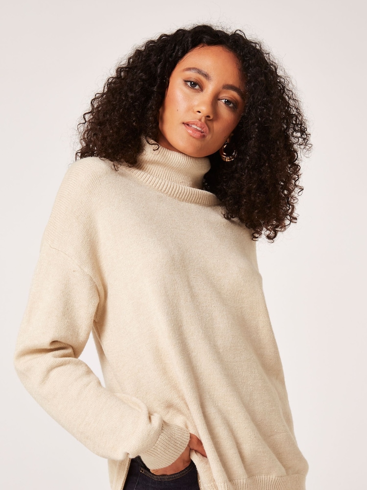 Apricot Natural Simple Side Zip Roll Neck Natural Jumper - Image 1 of 4 Apricot Natural Simple Side Zip Roll Neck Natural Jumper - Image 1 of 4