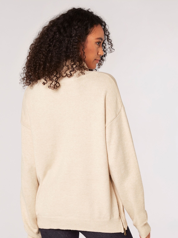 Apricot Natural Simple Side Zip Roll Neck Natural Jumper - Image 2 of 4 Apricot Natural Simple Side Zip Roll Neck Natural Jumper - Image 2 of 4