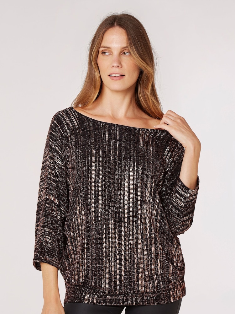 Apricot Brown Sparkle V-Back Batwing Top - Image 1 of 4 Apricot Brown Sparkle V-Back Batwing Top - Image 1 of 4