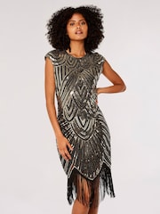 Apricot Black Art Deco Sequin Fringe Dress - Image 1 of 5