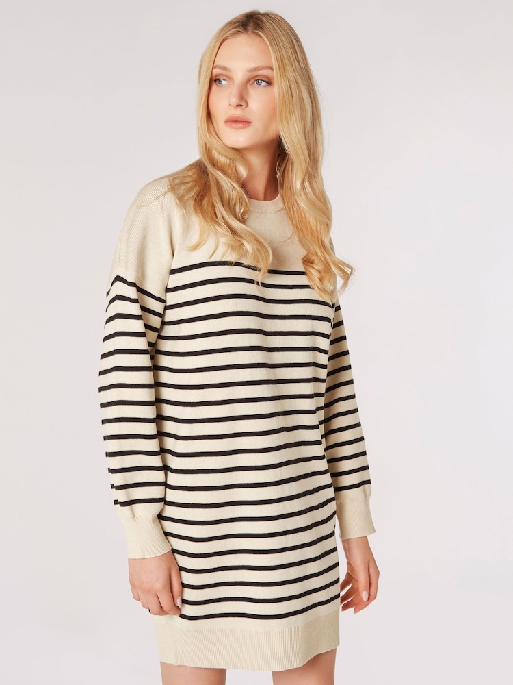 Apricot Natural Stripe Crew Neck Jumper Dress - Image 1 of 4