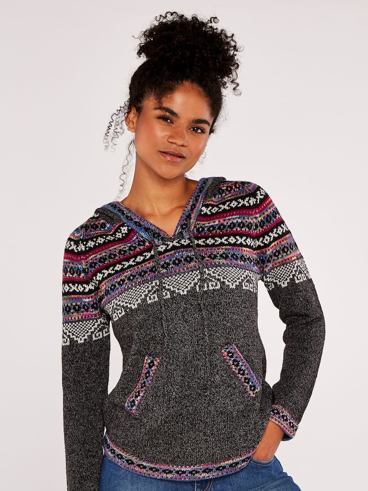 Apricot Grey Fairisle Pattern Pop Hooded 2 Pocket Jumper - Image 1 of 4
