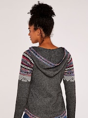 Apricot Grey Fairisle Pattern Pop Hooded 2 Pocket Jumper - Image 2 of 4